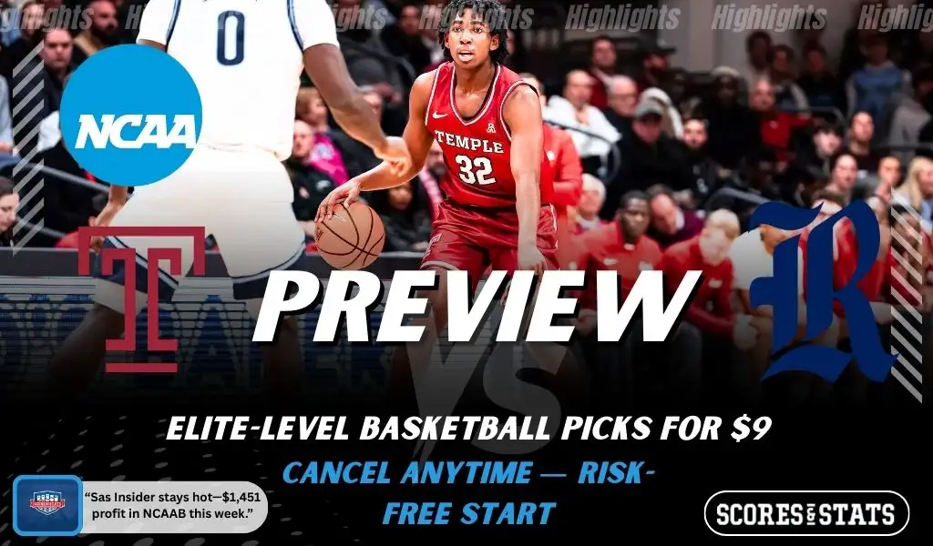 Temple Owls vs Rice Owls college basketball preview graphic with a Temple player dribbling and both team logos for January 21 2026