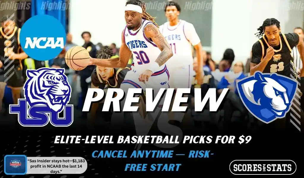 Tennessee State Tigers versus Eastern Illinois Panthers college basketball preview graphic with team logos and Scores and Stats branding January 10 2026