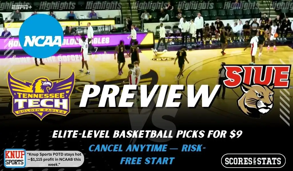 Tennessee Tech Golden Eagles vs SIUE Cougars preview graphic with team logos and NCAA branding promoting college basketball picks and predictions for January 24 2026