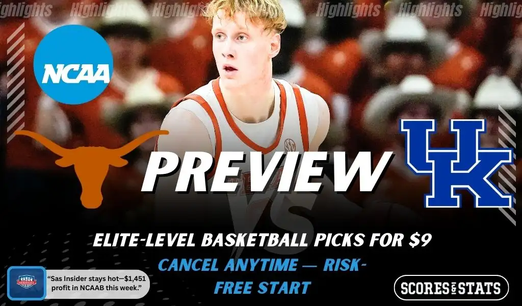 Texas Longhorns vs Kentucky Wildcats college basketball preview graphic with a Texas player close up and both team logos for January 21 2026