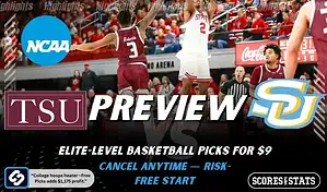 Texas Southern Tigers vs Southern Jaguars NCAA basketball preview graphic with a jump shot in game action and team logos