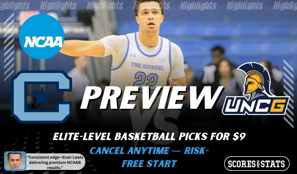 The Citadel Bulldogs vs UNCG Spartans basketball preview graphic with Citadel and UNCG logos and a Citadel player on the court in the background