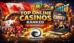 Top online casinos ranked graphic with Canadian flag casino chips dice playing cards coins and Slotozilla branding