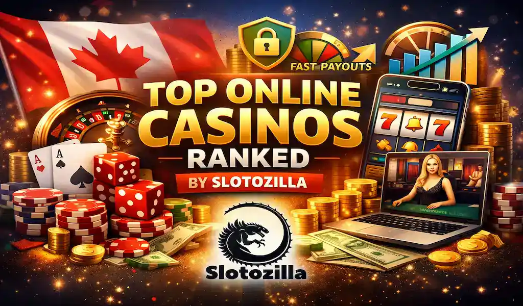 Top online casinos ranked graphic with Canadian flag casino chips dice playing cards coins and Slotozilla branding