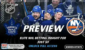 Toronto Maple Leafs vs New York Islanders NHL preview graphic with Maple Leafs players celebrating and both team logos