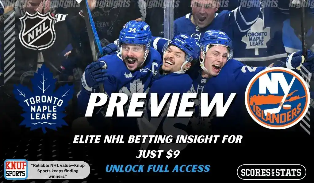 Previews 9 Toronto Maple Leafs vs New York Islanders NHL preview graphic with Maple Leafs players celebrating and both team logos