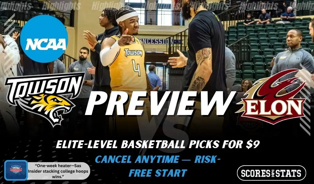 Towson Tigers vs Elon Phoenix college basketball preview graphic showing a Towson player greeting teammates with both team logos for January 22 2026