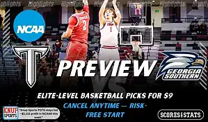 Troy Trojans vs Georgia Southern Eagles preview graphic with team logos and NCAA branding promoting college basketball picks and predictions for January 24 2026