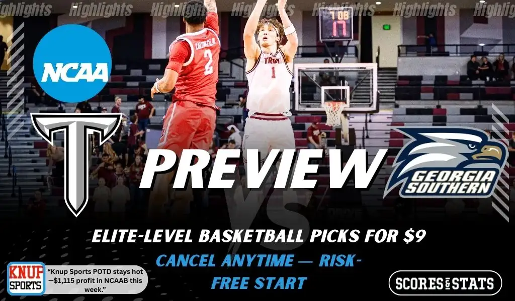Troy Trojans vs Georgia Southern Eagles preview graphic with team logos and NCAA branding promoting college basketball picks and predictions for January 24 2026