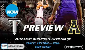 Troy Trojans vs Appalachian State Mountaineers preview graphic with both team logos, “Picks and Predictions” label, and Troy Trojans basketball action background (January 31, 2026).