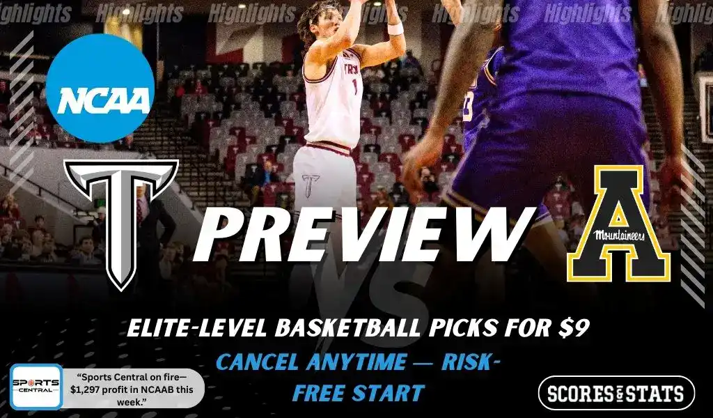 Troy Trojans vs Appalachian State Mountaineers preview graphic with both team logos, “Picks and Predictions” label, and Troy Trojans basketball action background (January 31, 2026).