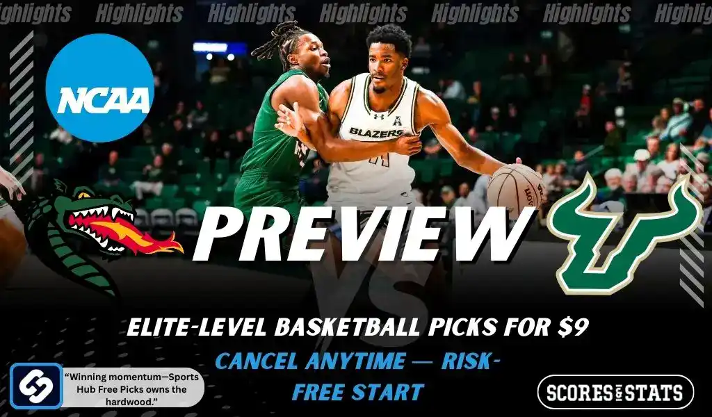 Previews 7 NCAA basketball preview graphic for UAB Blazers vs South Florida Bulls with team logos game photo and the word Preview for January 4 2026