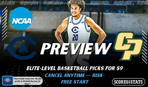 UC Davis Aggies versus Cal Poly Mustangs college basketball preview graphic with team logos and Scores and Stats branding January 10 2026