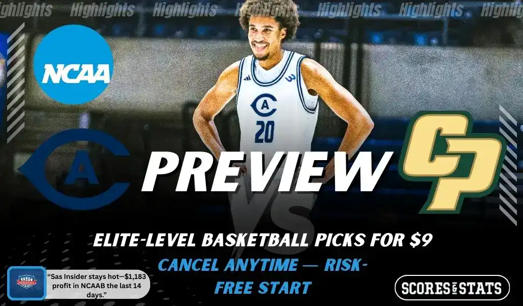 UC Davis Aggies versus Cal Poly Mustangs college basketball preview graphic with team logos and Scores and Stats branding January 10 2026