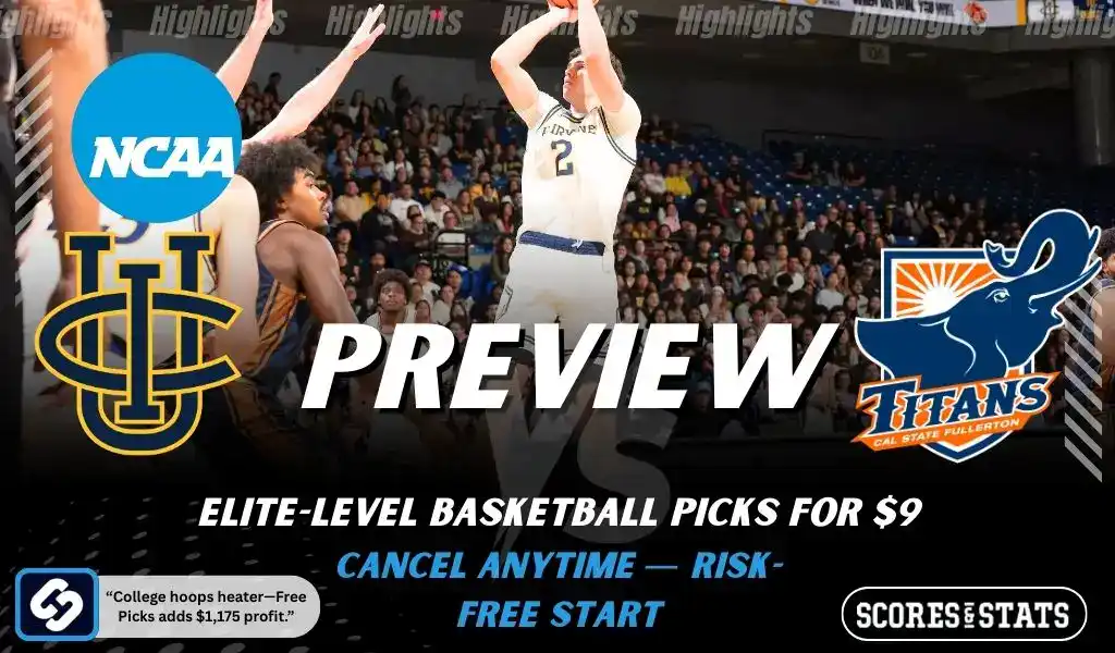 NCAAB 5 UC Irvine Anteaters vs Cal State Fullerton Titans NCAA basketball preview graphic with a jump shot and team logos