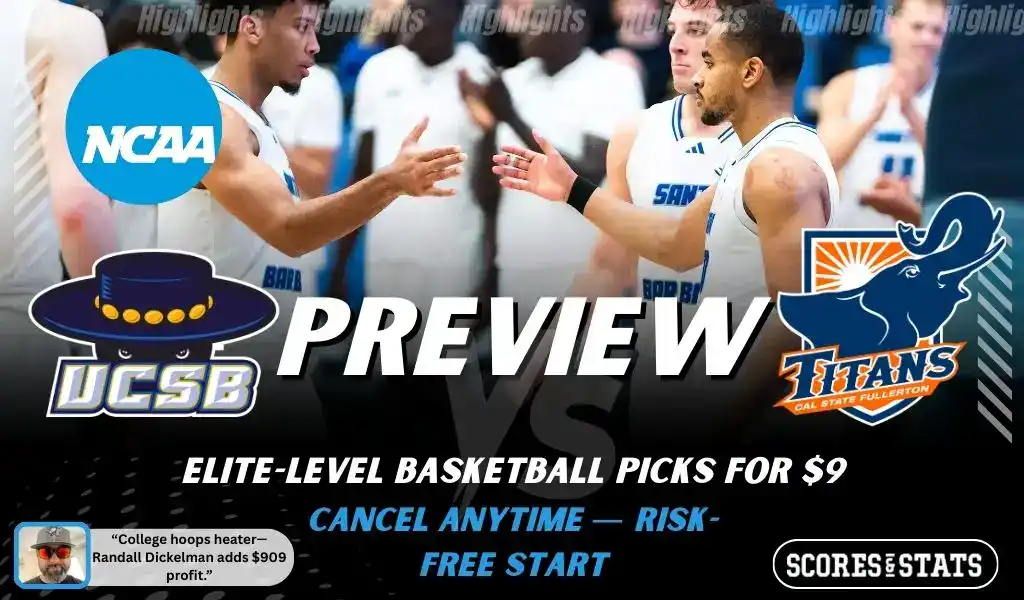 UC Santa Barbara Gauchos vs Cal State Fullerton Titans NCAA basketball preview graphic with team logos and players high fiving January 1 2026