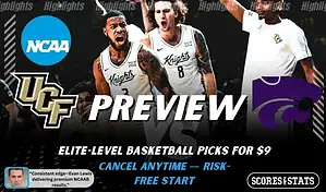 UCF Knights vs Kansas State Wildcats basketball preview graphic with UCF and Kansas State logos and UCF players celebrating in the background