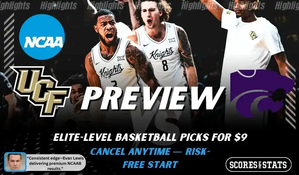 UCF Knights vs Kansas State Wildcats basketball preview graphic with UCF and Kansas State logos and UCF players celebrating in the background