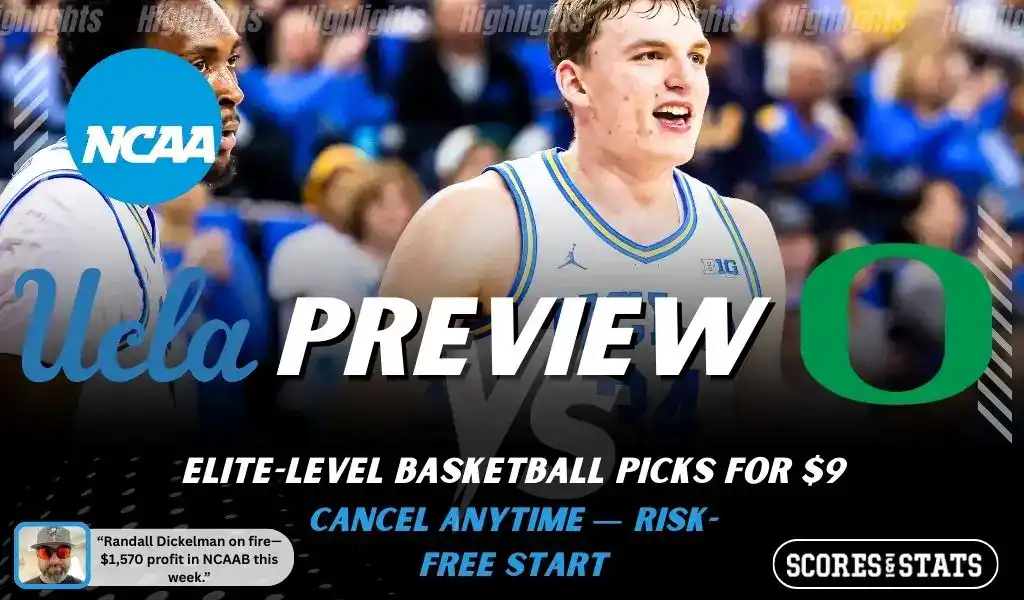 UCLA Bruins vs Oregon Ducks preview graphic with team logos and NCAA branding for picks and predictions on January 28 2026