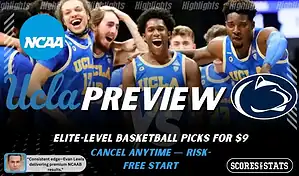 UCLA Bruins vs Penn State Nittany Lions basketball preview graphic with UCLA and Penn State logos and UCLA players celebrating in the background