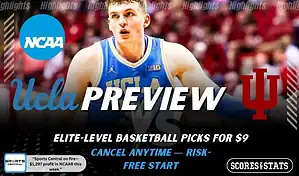 UCLA Bruins vs Indiana Hoosiers preview graphic with both team logos, “Picks and Predictions” label, and UCLA Bruins basketball action background (January 31, 2026)