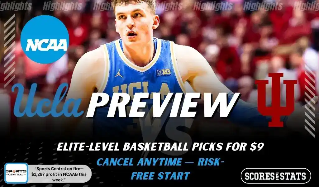 UCLA Bruins vs Indiana Hoosiers preview graphic with both team logos, “Picks and Predictions” label, and UCLA Bruins basketball action background (January 31, 2026)