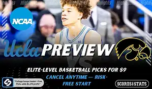 UCLA Bruins vs Iowa Hawkeyes NCAA basketball preview graphic with a UCLA player close up and team logos