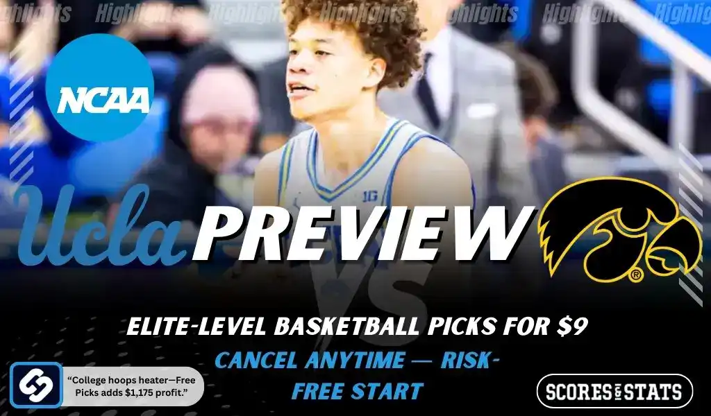NCAAB 5 UCLA Bruins vs Iowa Hawkeyes NCAA basketball preview graphic with a UCLA player close up and team logos
