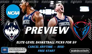 UConn Huskies versus DePaul Blue Demons college basketball preview graphic with team logos and Scores and Stats branding January 10 2026