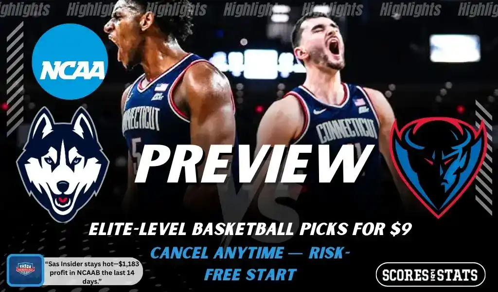 UConn Huskies versus DePaul Blue Demons college basketball preview graphic with team logos and Scores and Stats branding January 10 2026