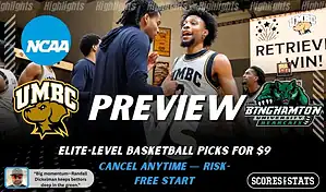 UMBC Retrievers vs Binghamton Bearcats college basketball preview graphic showing UMBC players celebrating with both team logos for January 19 2026