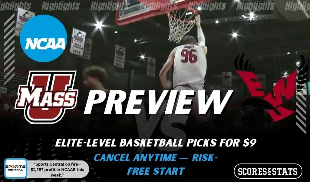 Massachusetts Minutemen vs Eastern Michigan Eagles preview graphic with both team logos, “Picks and Predictions” label, and Massachusetts Minutemen basketball action background (January 31, 2026).