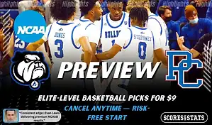 UNC Asheville Bulldogs versus Presbyterian Blue Hose college basketball preview graphic with team logos and Scores and Stats branding January 14 2026