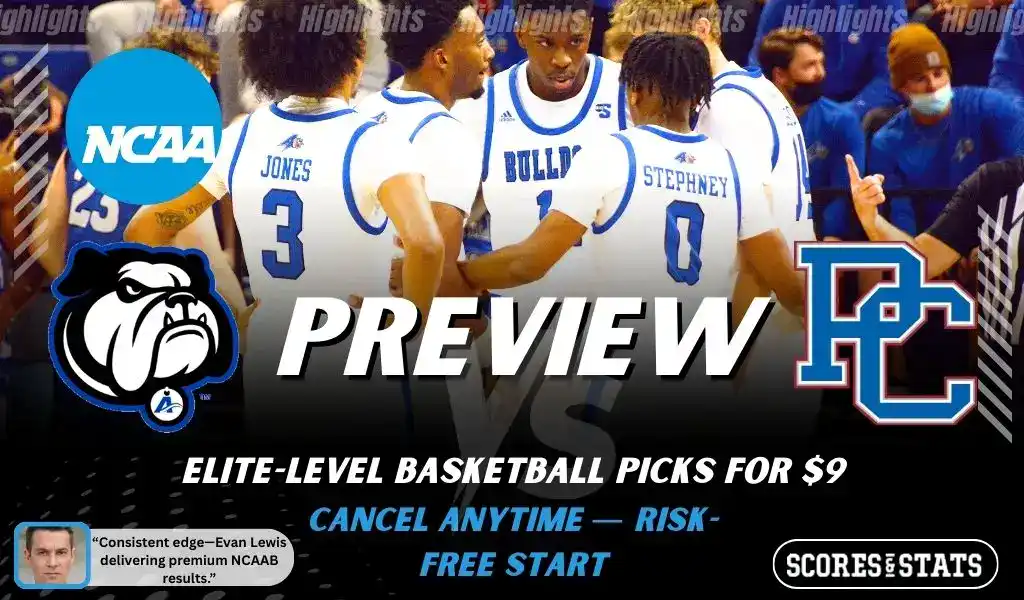 UNC Asheville Bulldogs versus Presbyterian Blue Hose college basketball preview graphic with team logos and Scores and Stats branding January 14 2026