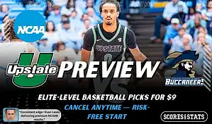 USC Upstate Spartans versus Charleston Southern Buccaneers college basketball preview graphic with team logos and Scores and Stats branding January 14 2026