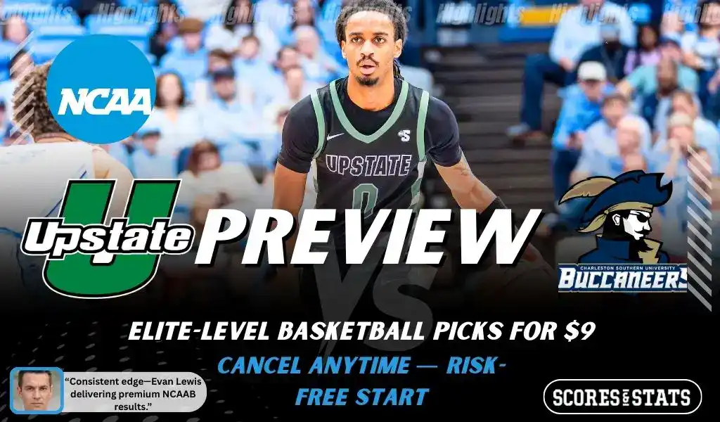 USC Upstate Spartans versus Charleston Southern Buccaneers college basketball preview graphic with team logos and Scores and Stats branding January 14 2026