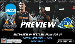 UTEP Miners vs Delaware Blue Hens basketball preview graphic with UTEP and Delaware logos and UTEP players in the background