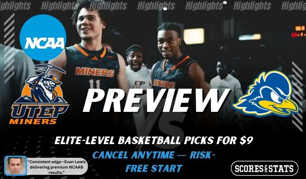 UTEP Miners vs Delaware Blue Hens basketball preview graphic with UTEP and Delaware logos and UTEP players in the background