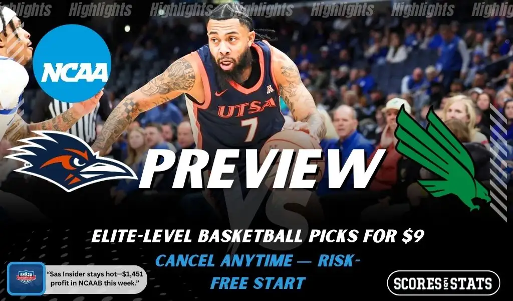 UTSA Roadrunners vs North Texas Mean Green college basketball preview graphic with a UTSA player dribbling and both team logos for January 21 2026