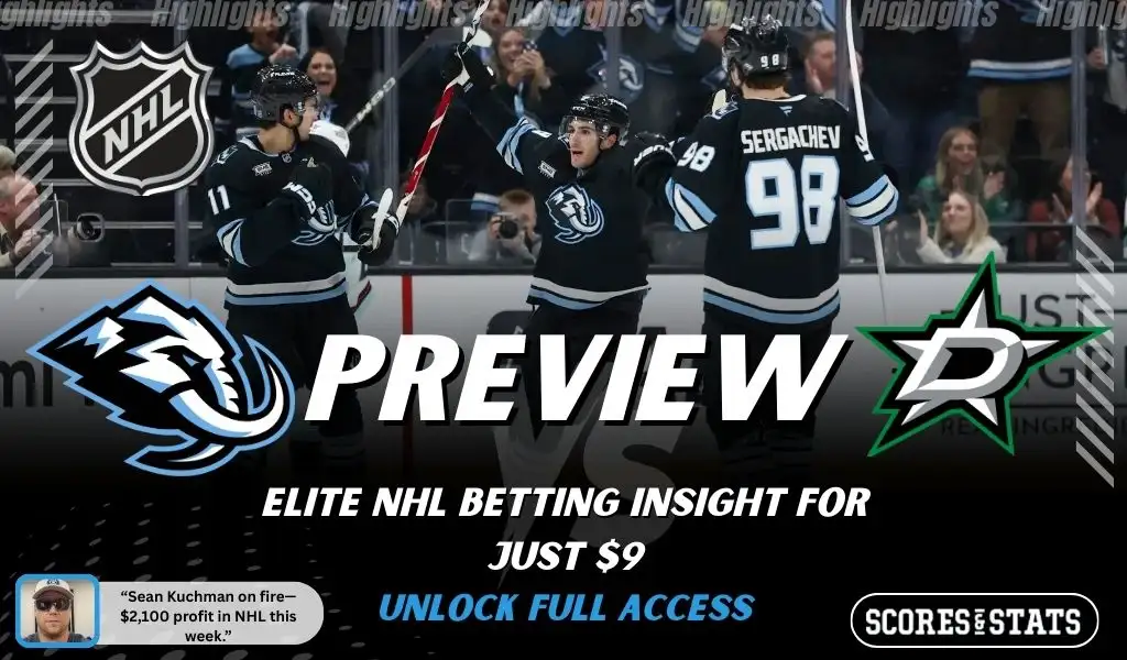 Utah Mammoth vs Dallas Stars hockey preview graphic with Utah and Dallas logos and Utah players celebrating on the ice