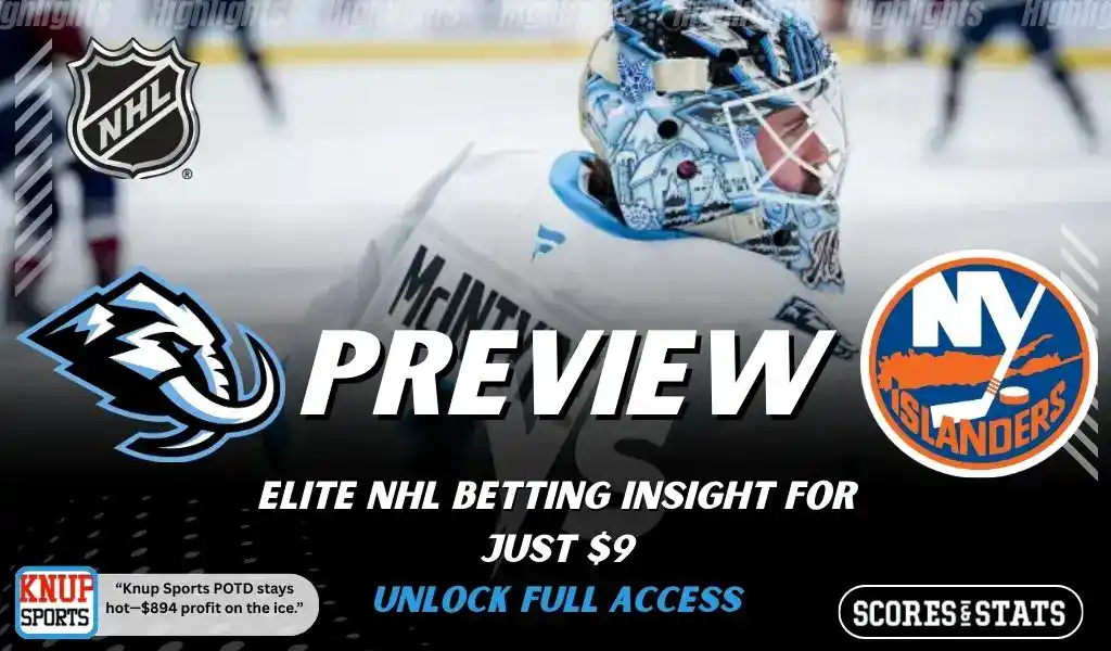NHL preview graphic featuring Utah Mammoth and New York Islanders logos with a goalie in the background and the word preview across the center