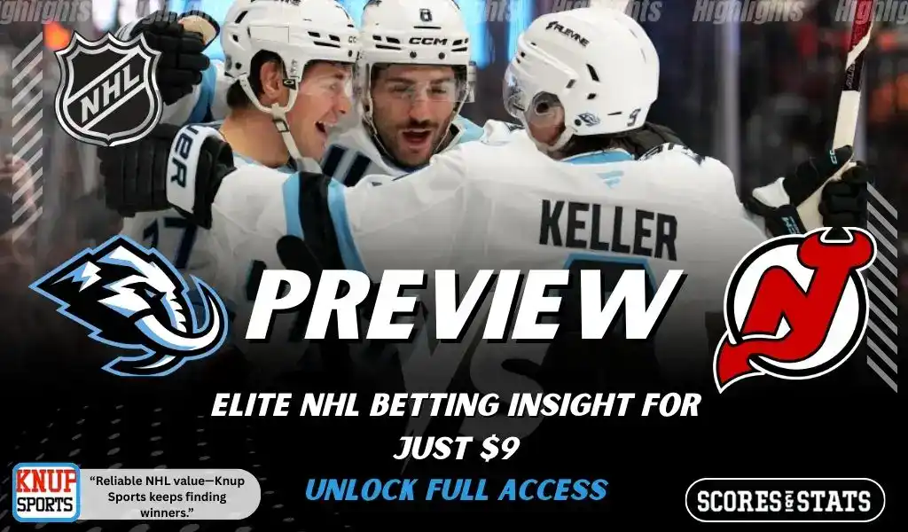 Utah Mammoth vs New Jersey Devils NHL preview graphic with Mammoth players celebrating and both team logos