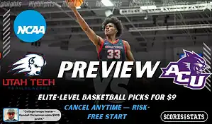 Utah Tech Trailblazers vs Abilene Christian Wildcats NCAA basketball preview graphic with a player reaching for a shot and team logos