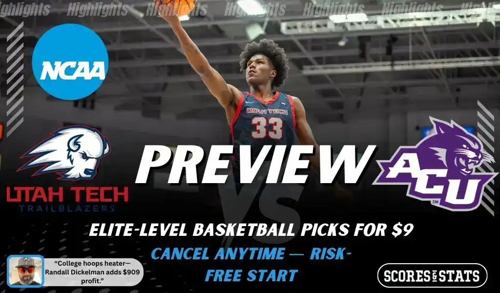 Utah Tech Trailblazers vs Abilene Christian Wildcats NCAA basketball preview graphic with a player reaching for a shot and team logos