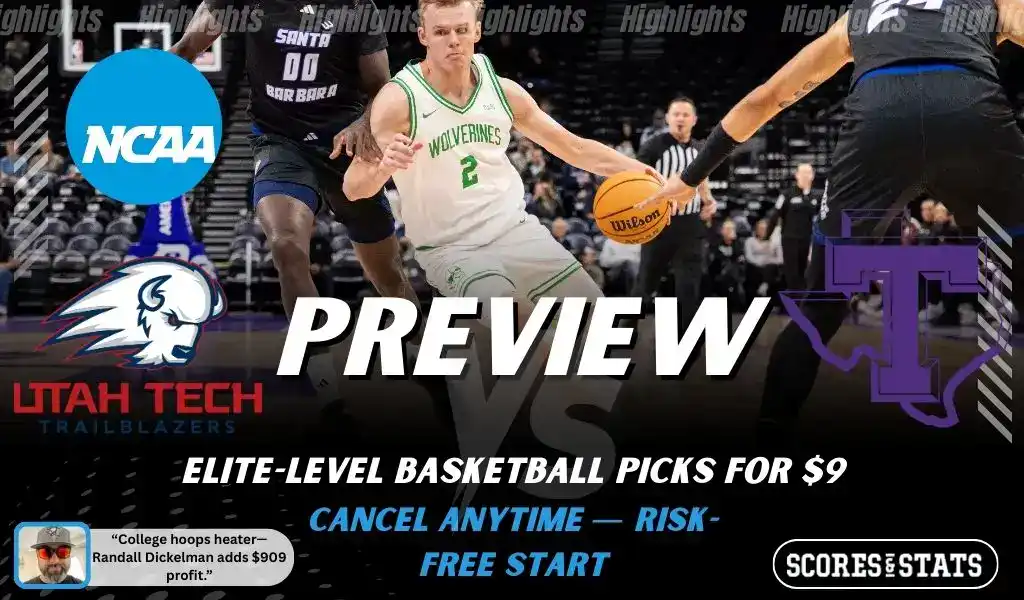 Utah Valley Wolverines vs Tarleton State Texans NCAA basketball preview graphic with a player dribbling and team logos