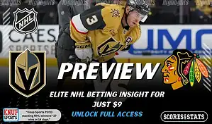 NHL game preview graphic for Vegas Golden Knights vs Chicago Blackhawks with team logos player photo and the word Preview for January 4 2026