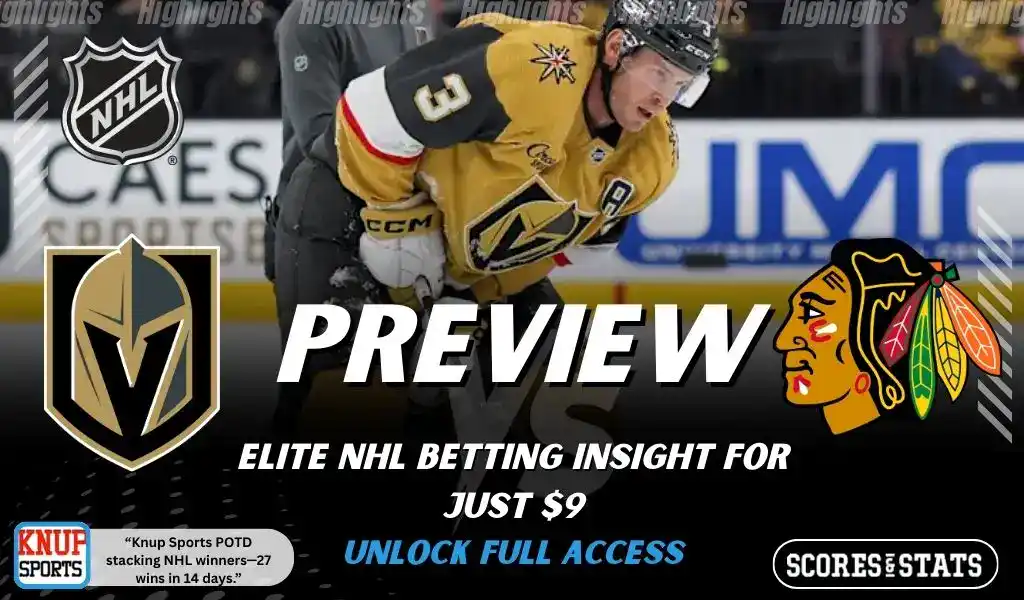 NHL game preview graphic for Vegas Golden Knights vs Chicago Blackhawks with team logos player photo and the word Preview for January 4 2026