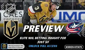 NHL game preview graphic for Vegas Golden Knights vs Columbus Blue Jackets with team logos player photo and the word Preview for January 8 2026