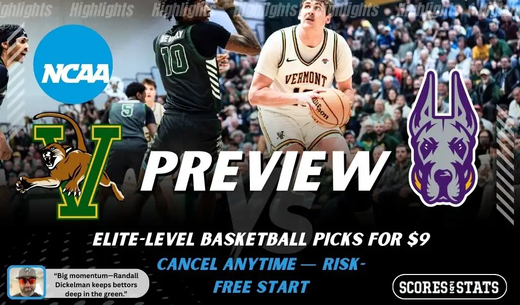 Vermont Catamounts vs Albany Great Danes college basketball preview graphic with a Vermont player holding the ball and both team logos for January 19 2026