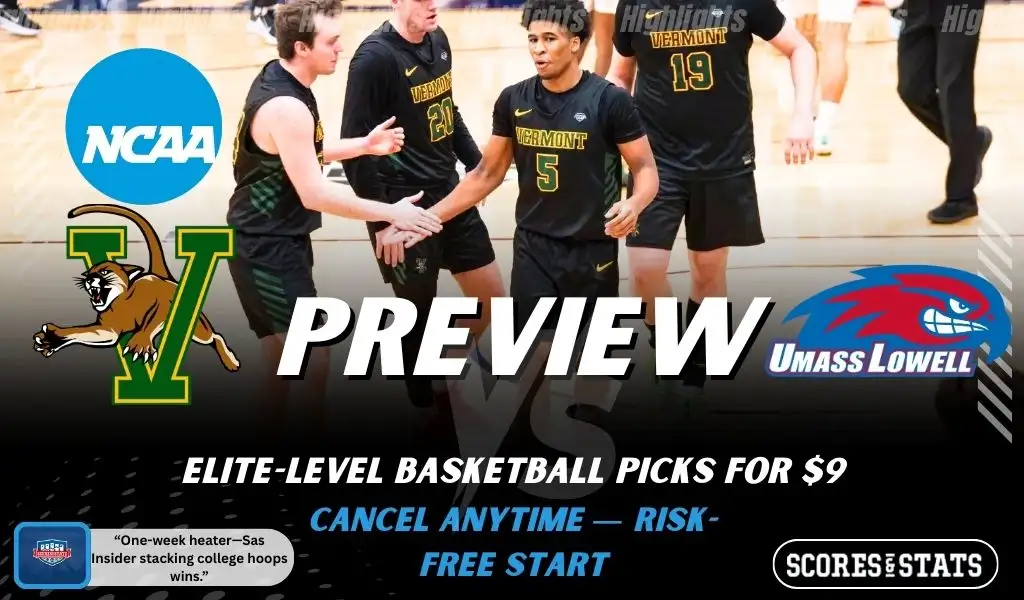 Vermont Catamounts vs UMass Lowell River Hawks college basketball preview graphic showing both team logos and “Preview” text for January 22 2026